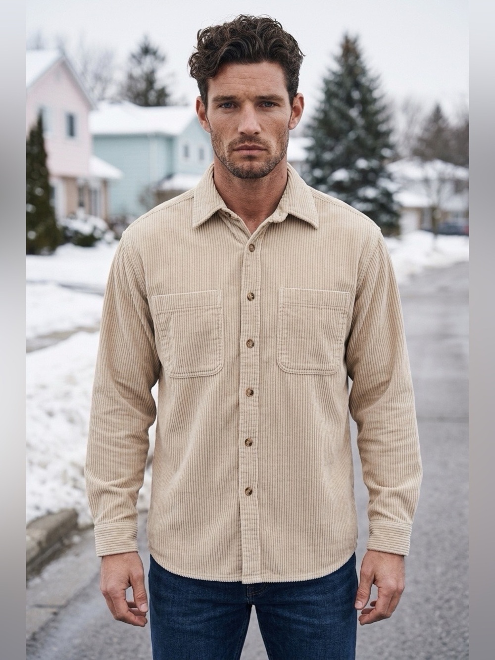 C.O.L. Men's Long-Sleeve Corduroy Shirt in Beige M